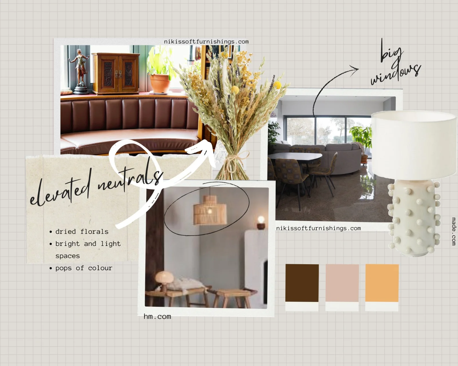 relaxing and elevated neutral mood board by Nikis Soft Furnishings Ltds