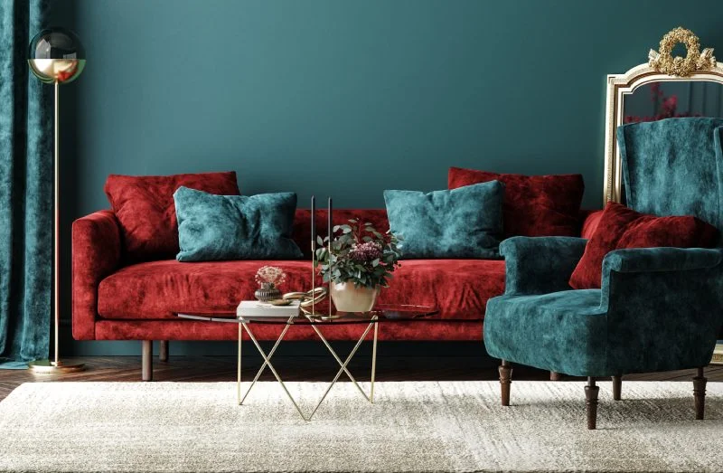 Velvet sofa, chair, cushions & curtain Velvet sofa, velvet chair, velvet cushions and velvet curtain